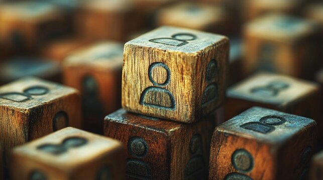 A collection of wooden blocks with engraved user icons, symbolizing community, networking, or digital interaction.