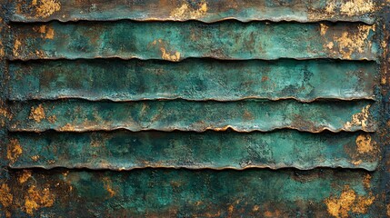A textured, rusted metal surface with layers of patina, showcasing a blend of green and gold hues, evoking a weathered aesthetic.