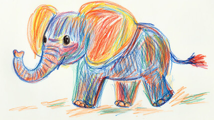 Obraz premium Simple crayon drawing of a happy elephant with big floppy ears and a tiny tail, drawn with uneven, colorful lines and childlike charm
