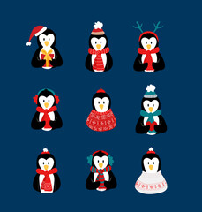 A set of penguins in Christmas outfits. Cute adorable penguins. Christmas card. Navy white and red.
