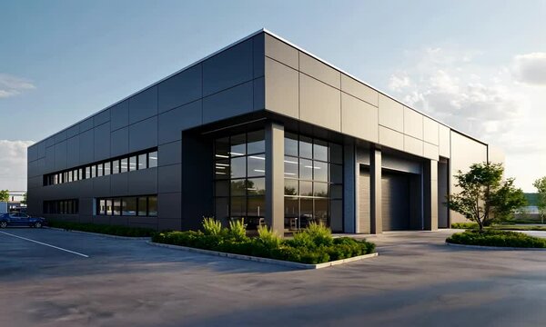 exterior of a modern warehouse with a small office unit