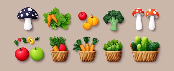 Set of autumn harvest baskets isolated on a brown background. Illustration of wicker boxes filled with pumpkins, mushrooms, and apples, organic harvest season vegetables and fruits.