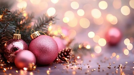 Soft pink and gold bokeh background, creating a warm holiday atmosphere perfect for product promotions and seasonal designs.