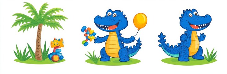 Fototapeta premium Children's cartoon of a crocodile holding a red balloon, a yellow bath toy duck, dancing with Hawaiian flowers, holding a coconut cocktail and wearing a Hawaiian flower necklace.