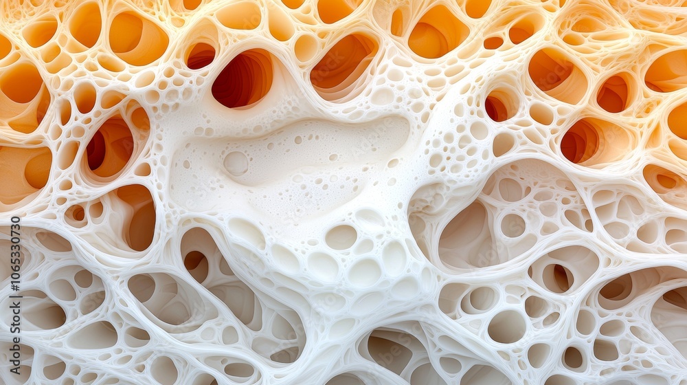 Fototapete abstract 3d rendering of a white, orange, and red organic structure with many holes and cavities.