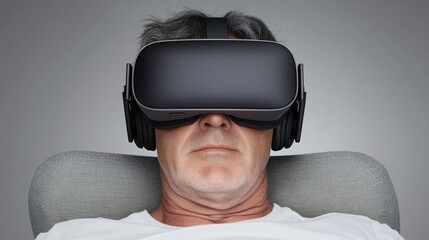 Man using virtual reality headset, immersed in digital environment, exploring new technology and entertainment experiences.