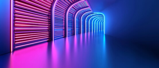 Red neon arrow light glow background. Futuristic cyber laser line motion banner for casino. Dynamic techno perspective beam 3d graphic design. Cool party power and energy boost led tunnel.