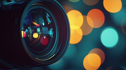 Close-up of a camera lens with blurred bokeh background lighting creating a vibrant and artistic effect.