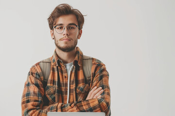 Fototapeta premium A successful white male student uses a laptop to learn e-commerce online on a white background.