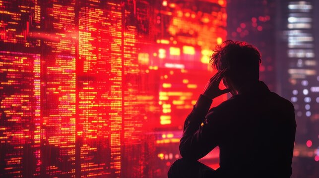 Silhouetted Person Contemplating a Wall of Red and Yellow Code