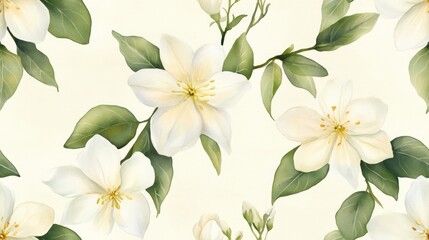 Obraz premium Watercolor Painting of White Flowers and Green Leaves