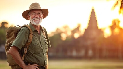 Smiling traveler with a backpack against a beautiful sunset backdrop, depicting adventure and exploration.