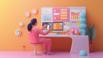 Photography of a digital marketer using a 3D campaign dashboard with 2D engagement rates and click-through data, integrating digital marketing with analytics, 4k resolution, Plain background