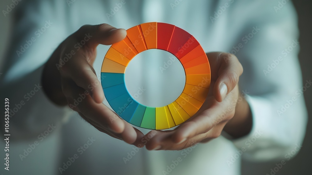 Poster Photography of a business coach presenting a 3D performance wheel with 2D actionable steps, merging guidance with visual learning tools, 4k resolution, Plain background