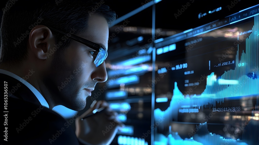 Poster Photography of a financial advisor analyzing a 3D stock market model with 2D performance graphs, blending investment analysis with visual tools, 4k resolution, Plain background