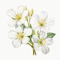 Fototapeta premium Delicate White Flowers with Green Leaves on White Background