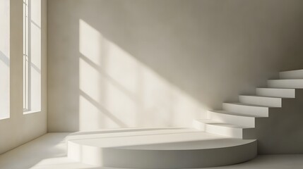 Empty white circle podium and window light blur on white wall, pedestal and platform, stand stage, column platform pillar, round empty stages and podium stairs 3d template for product presentation