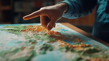Photography of a negotiator pointing to a 3D map with 2D regional market insights, integrating geographical data into the business discussion, 4k resolution, Plain background