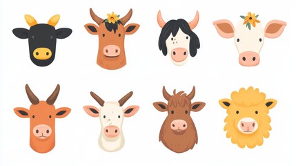 Fototapeta premium Set of farm animal heads, including a brown cow, suitable for postcards, packaging, textiles, and booklets.