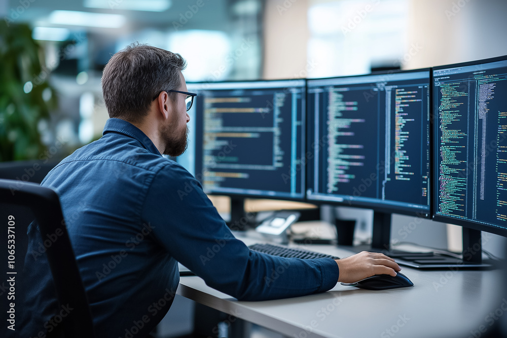 Poster a skilled programmer focuses on writing code while surrounded by high-resolution monitors in a conte