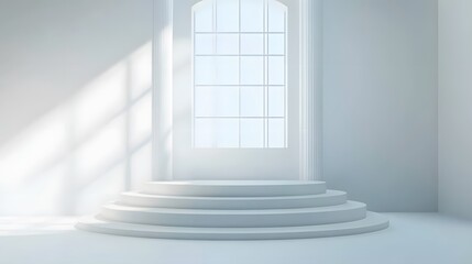 Obraz premium Empty white circle podium and window light blur on white wall, pedestal and platform, stand stage, column platform pillar, round empty stages and podium stairs 3d template for product presentation