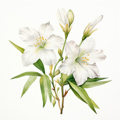 Obraz premium Delicate White Flowers with Green Leaves on White Background