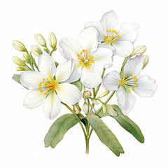 Fototapeta premium Delicate White Flowers with Green Leaves on White Background