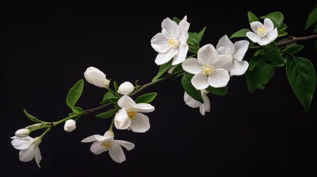White flowers on a black background from a jasmine branch.