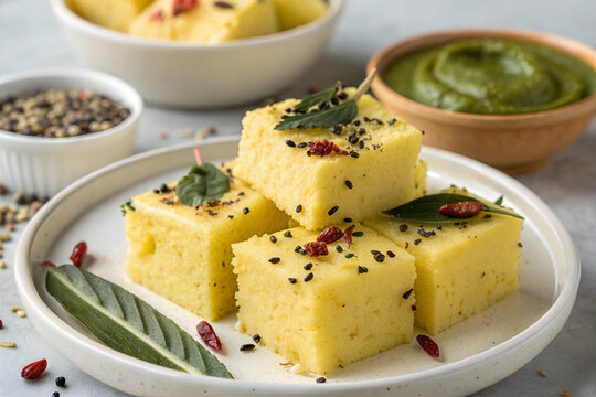 Famous Gujrati snack Dhokla made with gram flour and sugar syrup decorated with mint and tomato chutney. 