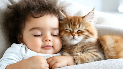 Baby and Kitten Cuddling on a Soft Pillow