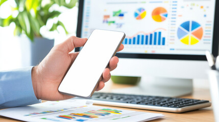 businessman using mobile phone to track stock market trends while analyzing data on computer screen. focus is on productivity and technology