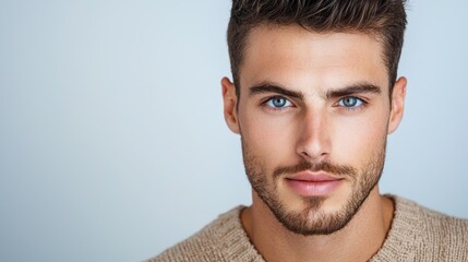 Fototapeta premium Confident Man Close-Up with Striking Blue Eyes