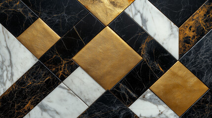 Opulent Mosaic. This stylish and luxurious image is of a geometric marble and gold tile pattern. The arrangement of black, white, and gold textures gives it a rich and sophisticated appearance.