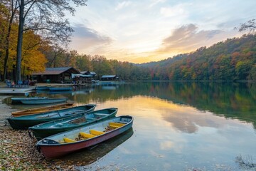 Obraz premium A group of small boats are docked at a lake
