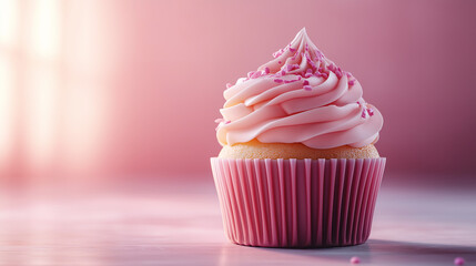 Sweet Serenity. This delightful and colorful pink cupcake. The soft pink background and vibrant frosting create a whimsical, dreamy feel