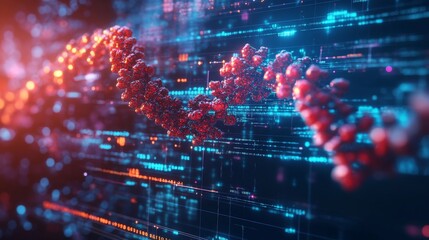 Red DNA Double Helix Strand Against Blue Digital Code Background