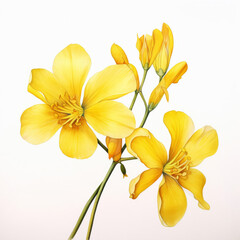 Fototapeta premium Bright Yellow Flowers with Green Leaves on White Background