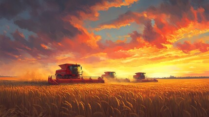 Tranquil sunset sky frames a vast field where three crimson combine harvesters toil diligently, reaping the golden wheat.