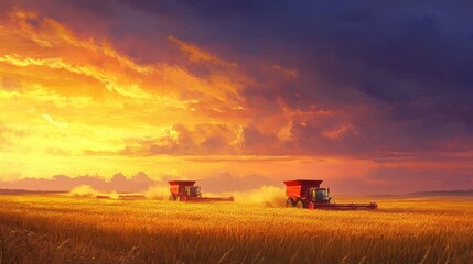 Fototapeta premium Tranquil sunset sky frames a vast field where three crimson combine harvesters toil diligently, reaping the golden wheat.