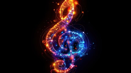 Obraz premium A vibrant treble clef shines bright in a swirling dance of colorful lights against a dark background. Generative AI