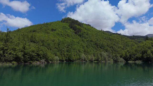 beautiful mountain ake and mountain in background. Drone shot of peaceful moutain lake.
