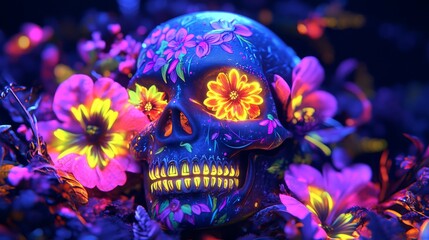 A Decorated Skull Surrounded by Flowers Under Blacklight