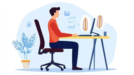 A man sitting at a desk with a computer, focusing on ergonomics and healthy posture while working in a modern office environment.