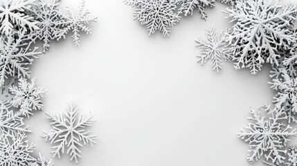 Obraz premium Elegant New Year's snowflakes on a pristine white background, featuring a simple and clean design with a central blank space, perfect for festive greeting cards, invitations, and holiday decorations.