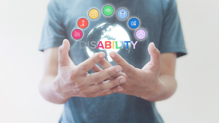 Global Disabilities Day concept. A person with outstretched hands emphasizes the concept of...