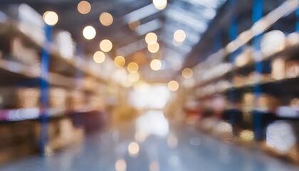 Warehouse or office, inside a modern office building, amidst bright lights and blurry colors.