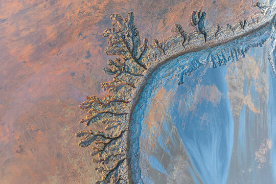 Aerial view of intricate mud tree patterns by water