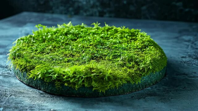 A round patch of moss sits on a gray surface