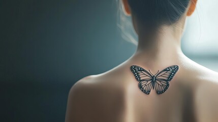 A woman with a butterfly tattoo on her back, symbolizing transformation, high detail, dark background, soft light accenting tattoo