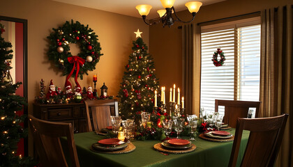 Elegant Christmas Dining Room Setting with Festive Decorations Featuring a Beautifully Adorned Tree, Wreath, and Candlelit Table Ready for a Celebratory Holiday Feast